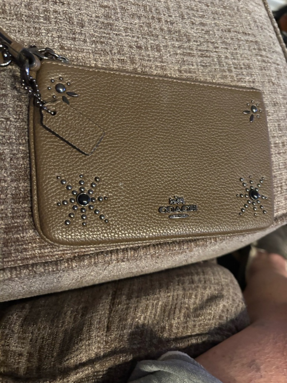 Coach Olive Pebbled Leather Wristlet with Stud Starburst Accents